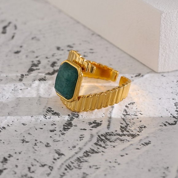 Stainless Steel Blue Apatite Ring Statement Metal Gold Opening Ring - Picture 4 of 11